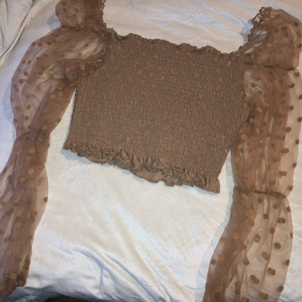 SHEIN Brown Textured Blouse with Sheer Polka Dot Sleeves